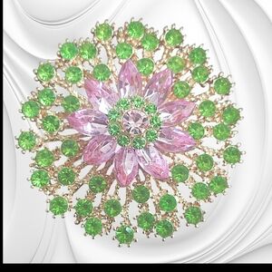 Light Green And Pink Rhinestone  Floral Brooch